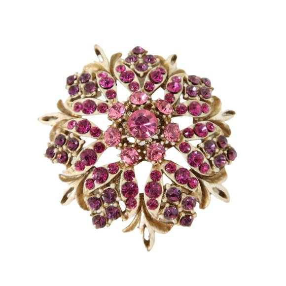 Florenza Jewelry - Vintage FLORENZA Pink Rhinestone Gold Tone Antiqued Enamel Flower Brooch